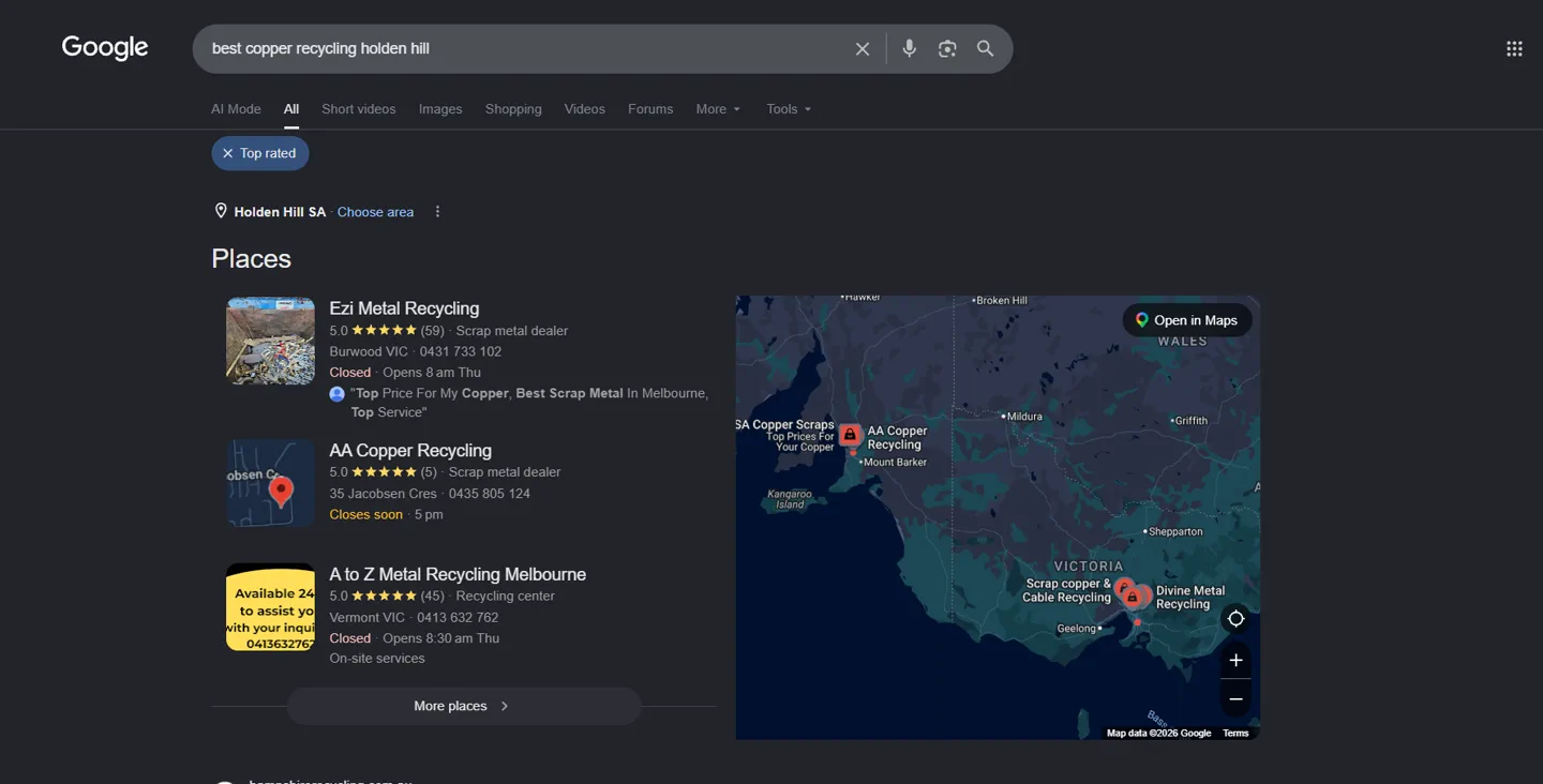 Google local pack for 'best copper recycling holden hill' showing AA Copper Recycling listed second of three
