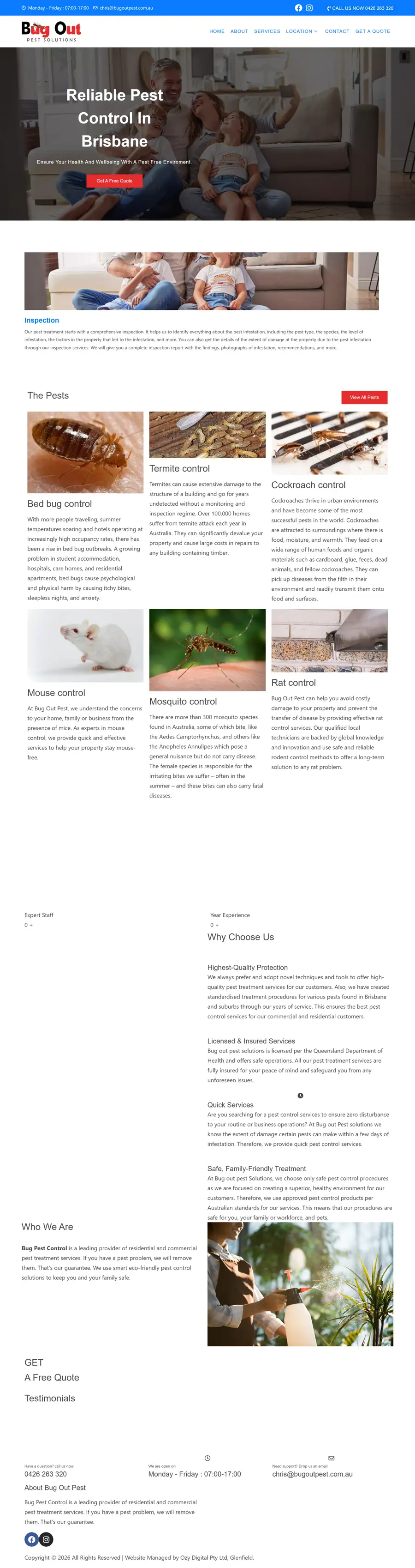 Full page screenshot of the rebuilt Bug Out Pest Solutions site
